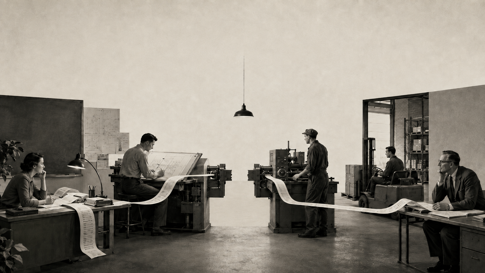 A workshop where connected desks and machines pass one long continuous printout between people